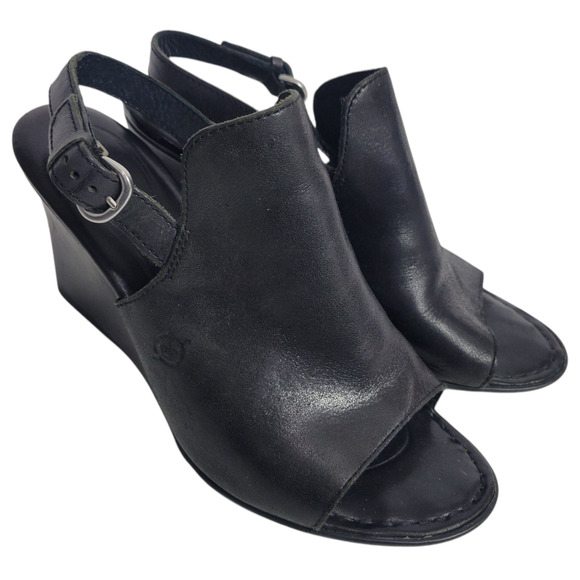 Born Bevi Wedge Heel Black Open Toe Leather Slingback Comfort Cushioned Buckle 7 - Picture 1 of 15